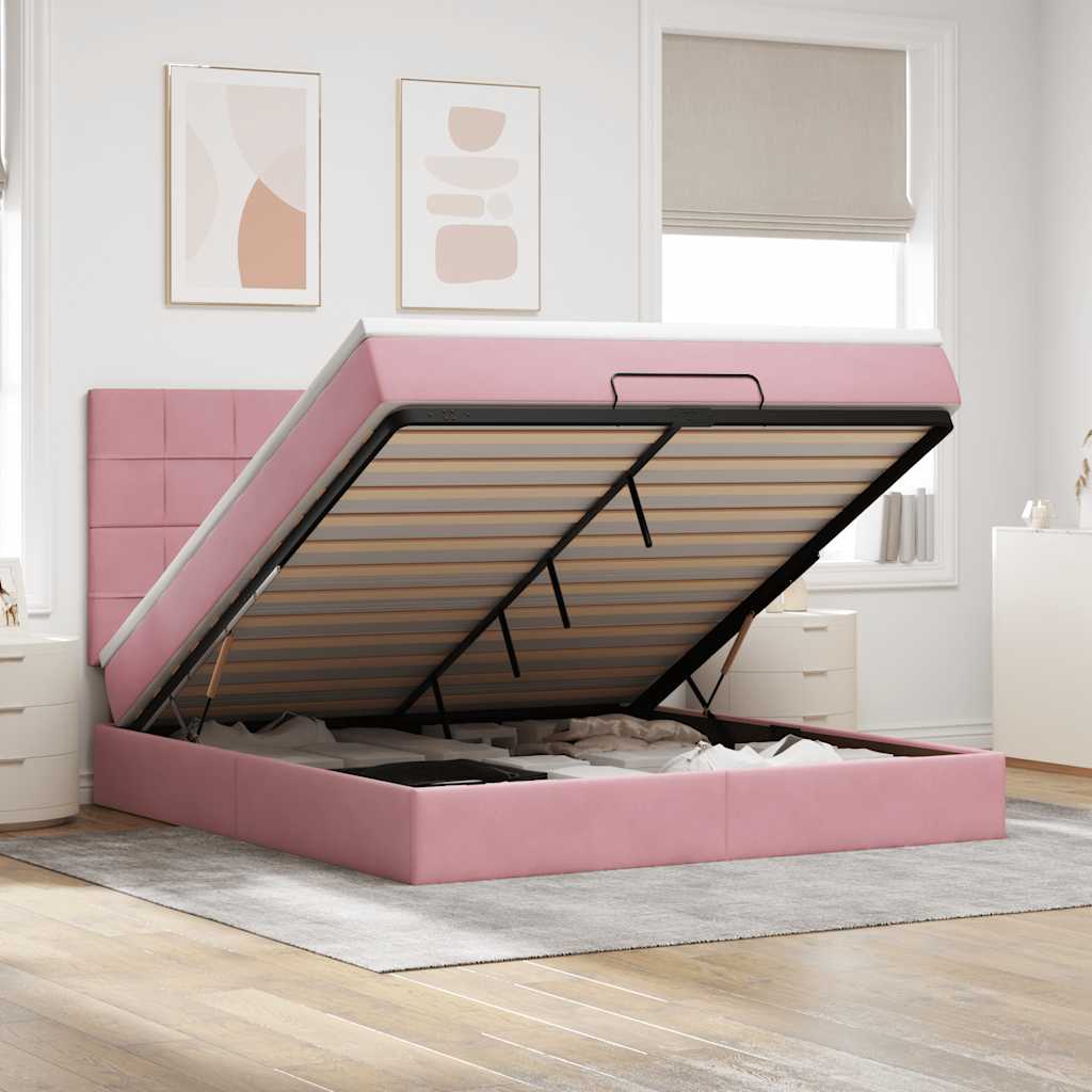 Vetonek Estructura de cama otomana colchones terciopelo rosa 160x200cm