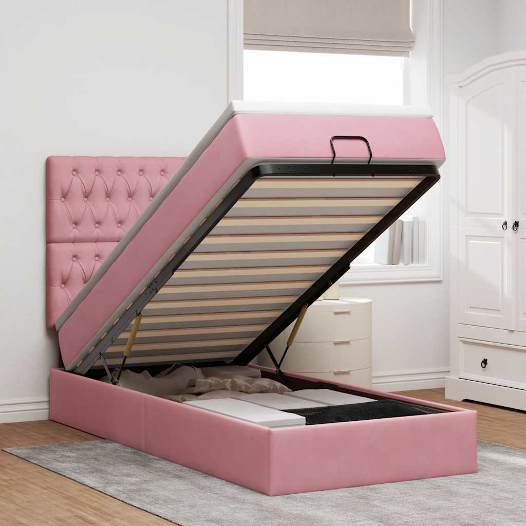 Vetonek Estructura cama otomana con colchones terciopelo rosa 90x190cm