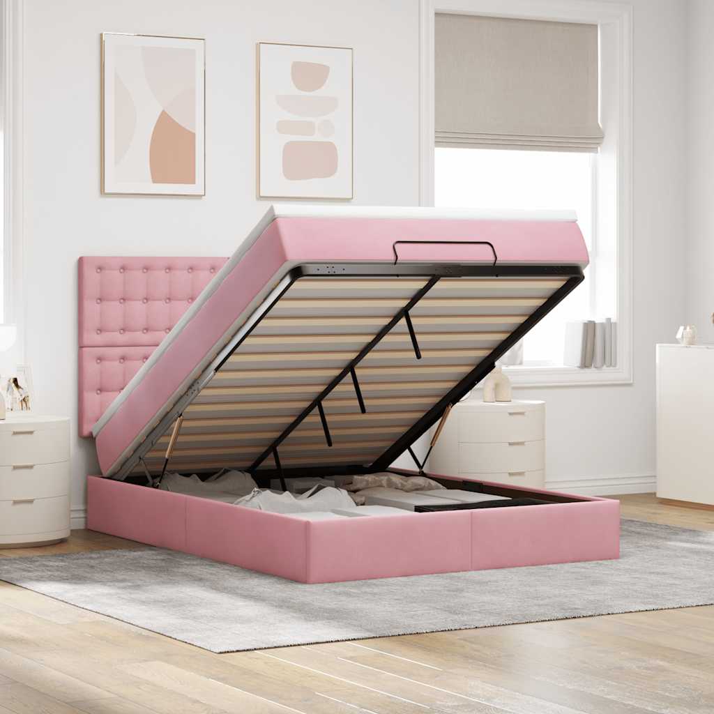 Vetonek Estructura cama otomana con colchones terciopelo rosa 140x190cm