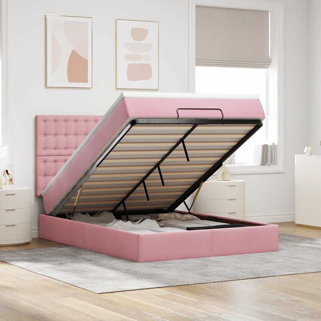 Vetonek Estructura cama otomana colchones terciopelo rosa 140x200cm