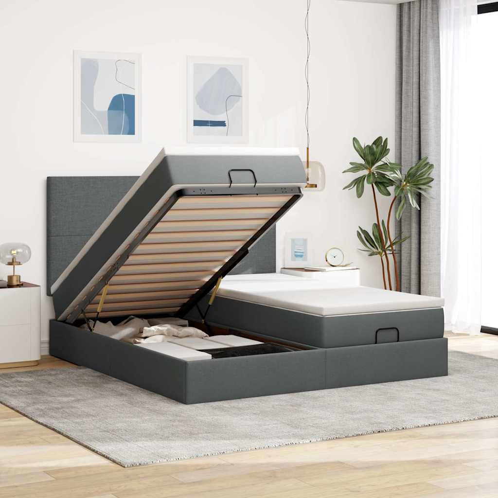 Vetonek Estructura cama otomana colchones tela gris oscuro 160x200 cm