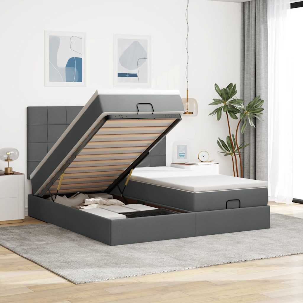 Vetonek Estructura cama otomana colchones tela gris oscuro 160x200 cm