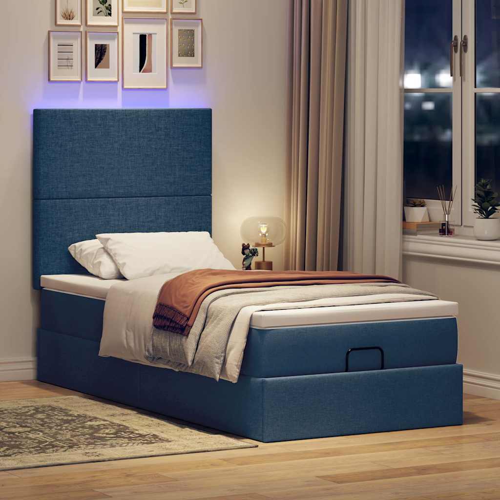 Ottoman bed structure with 90x190 cm blue fabric mattress