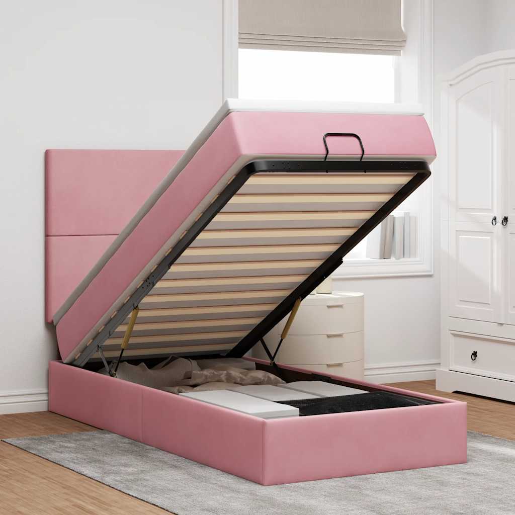 Vetonek Estructura cama otomana con colchones terciopelo rosa 90x190cm