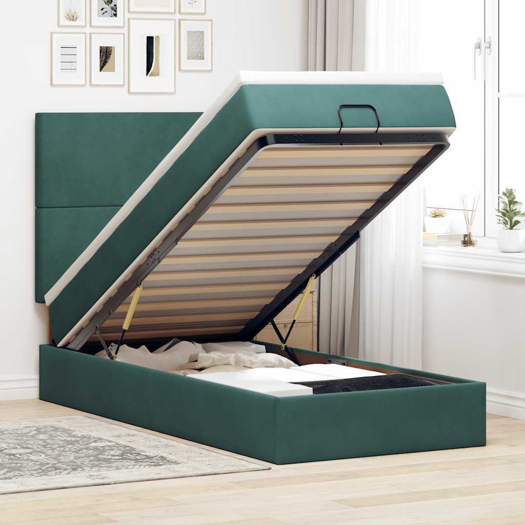 Vetonek Estructura de cama otomana con colchones verde oscuro 140x200cm