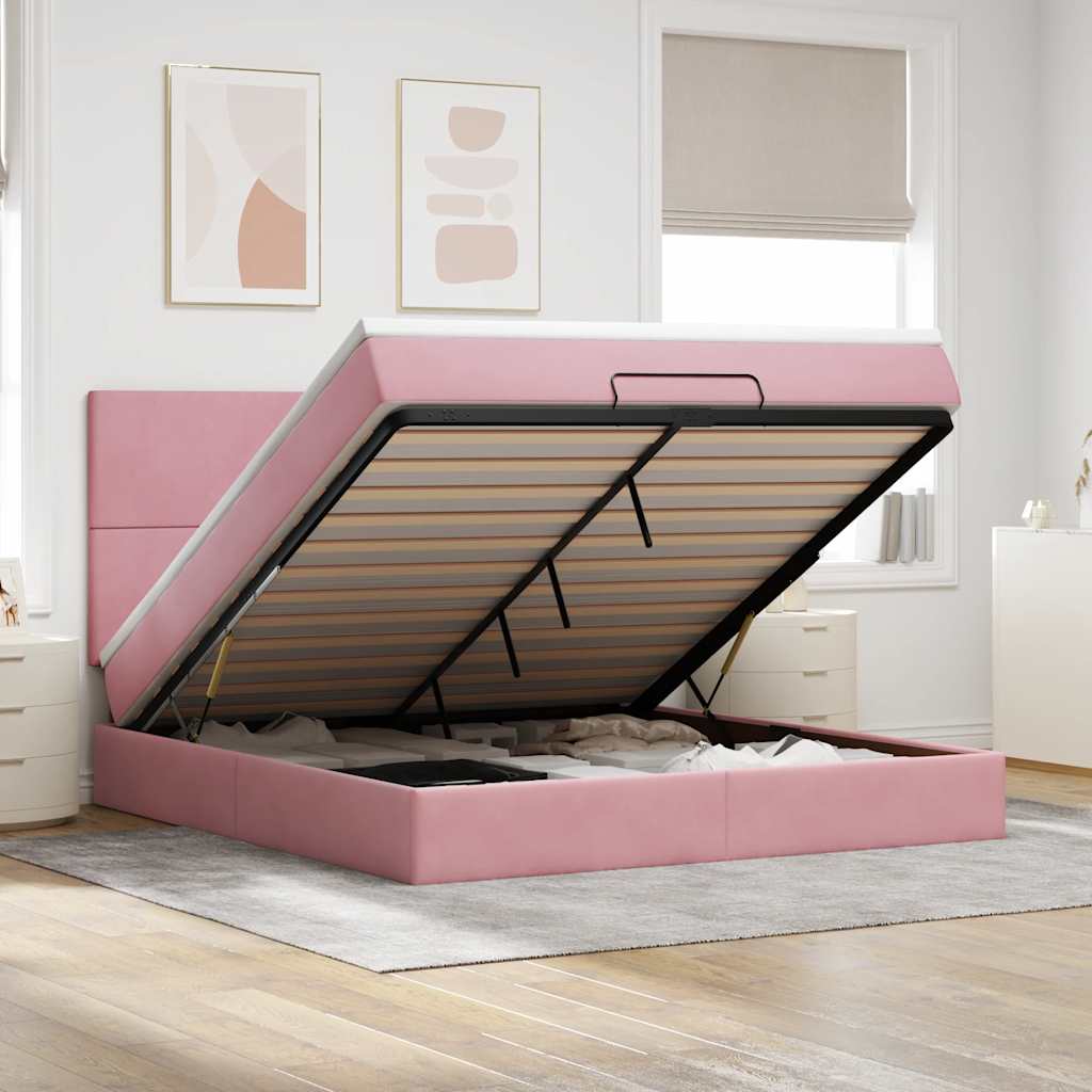 Vetonek Estructura de cama otomana colchones terciopelo rosa 160x200cm