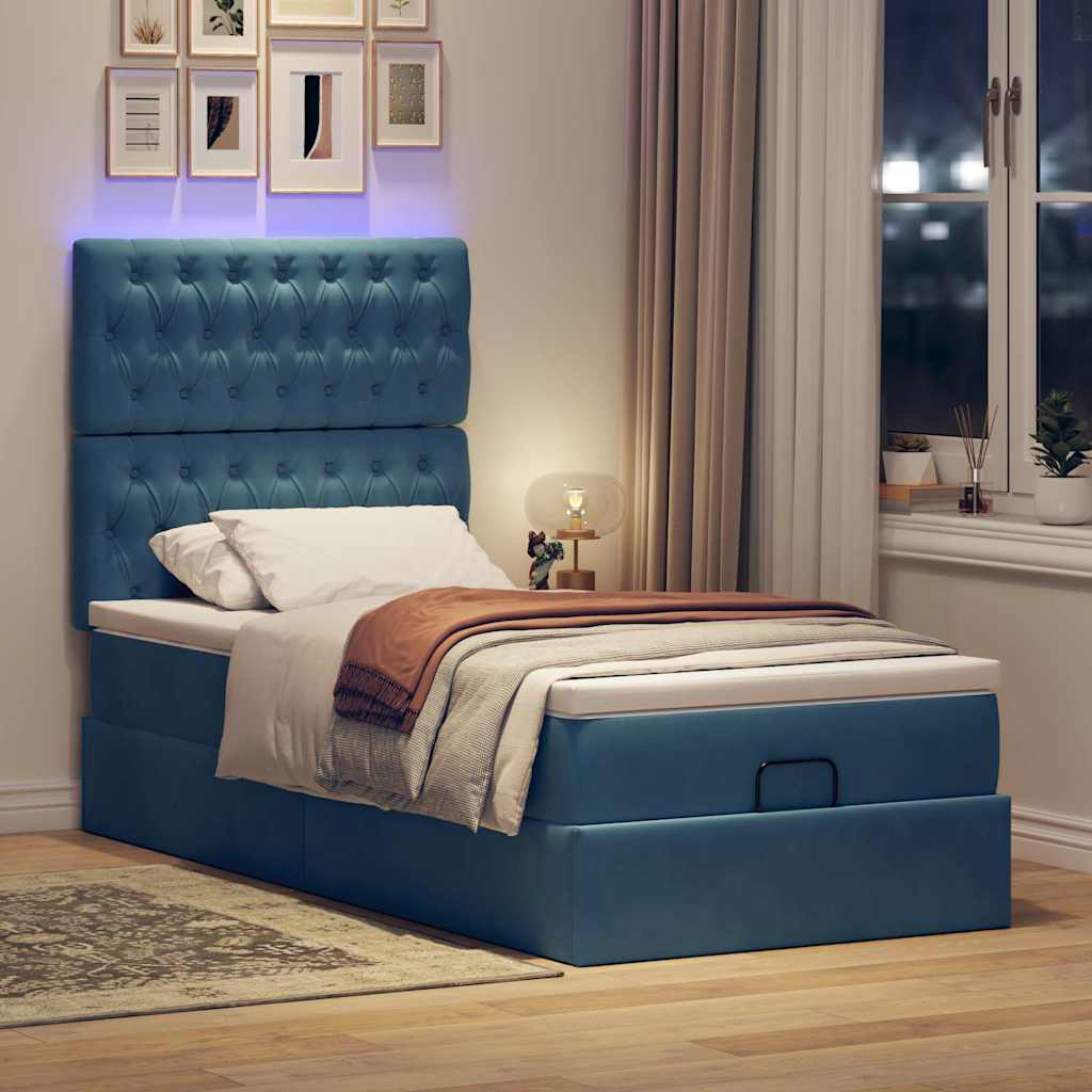 Ottoman bed structure with dark blue velvet mattresses