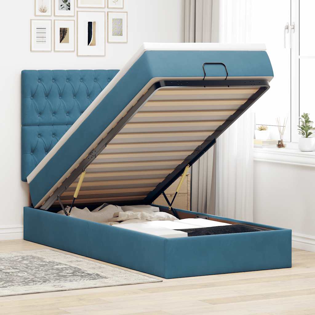 Vetonek Estructura de cama otomana con colchones terciopelo azul oscuro