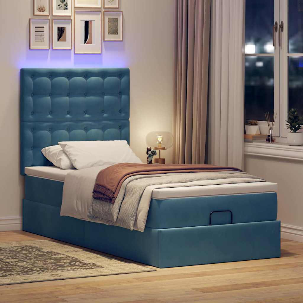 Ottoman bed structure with dark blue velvet mattresses