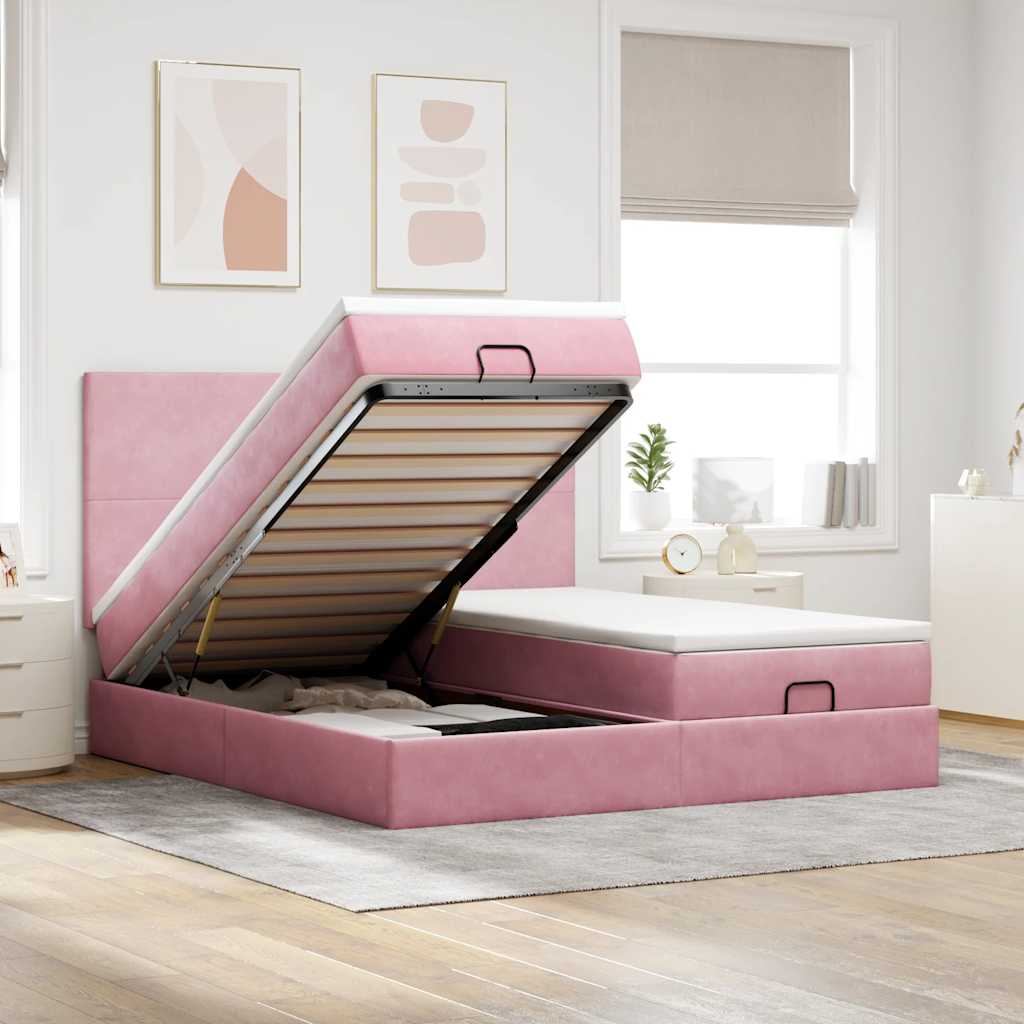 Vetonek Estructura de cama otomana colchones terciopelo rosa 160x200cm