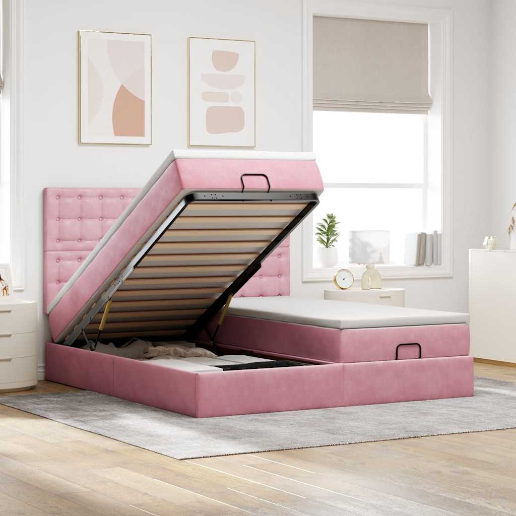 Vetonek Estructura de cama otomana colchones terciopelo rosa 200x200cm