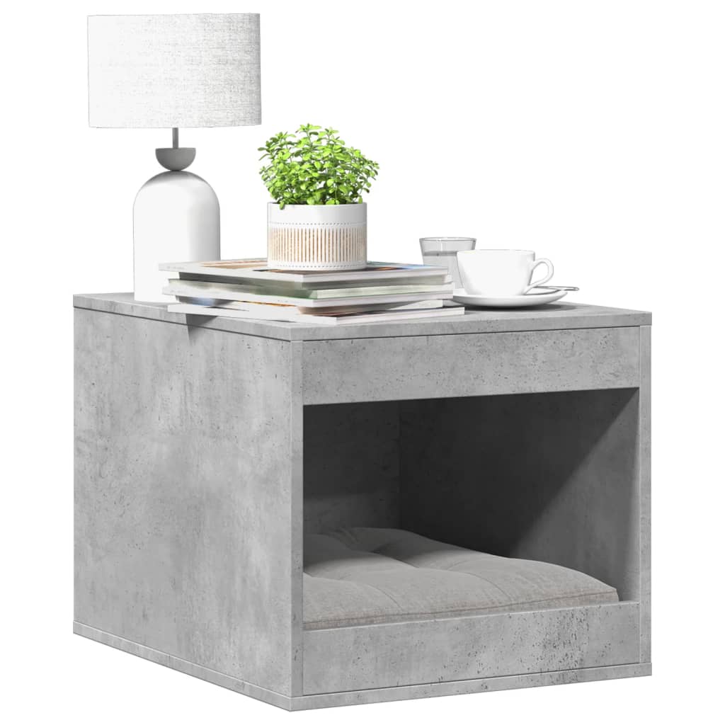 Mueble arenero de gatos en madera gris con espacio oculto y decoración moderna, ideal para el hogar.