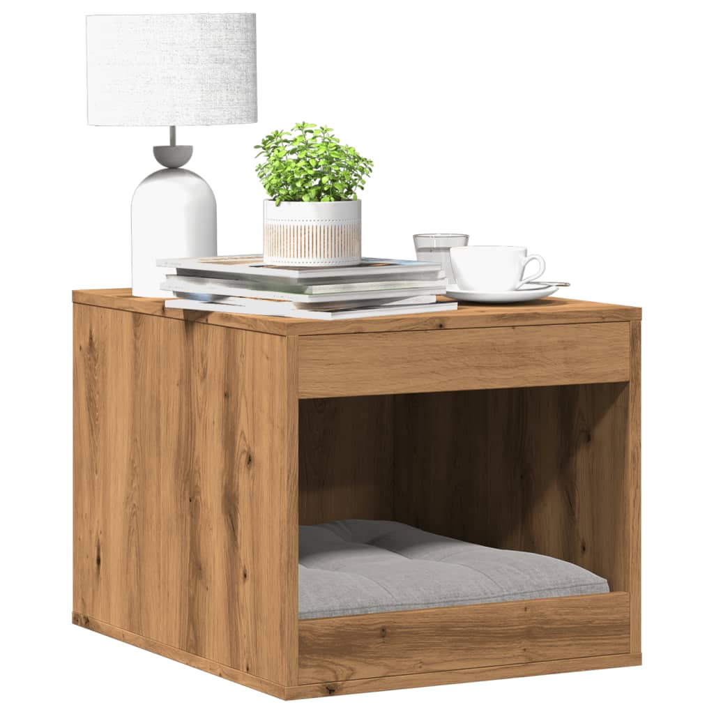 Mueble arenero para gatos de madera de roble, estilo moderno, incluye espacio para descanso y decoraciones.