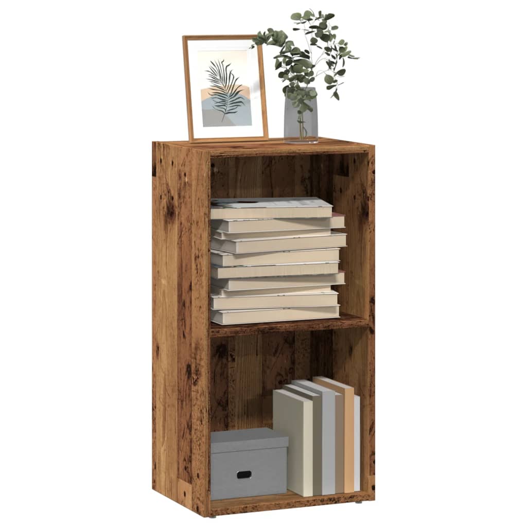 Estantería de madera de ingeniería envejecida con libros y decoración, ideal para almacenamiento en casa u oficina.