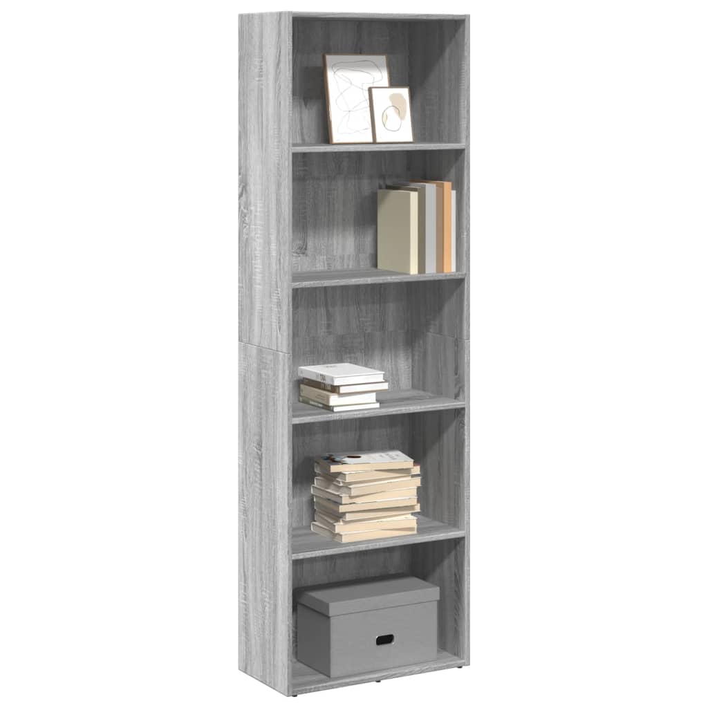 Estantería de madera de ingeniería gris Sonoma con cinco estantes y espacio para libros y decoración.