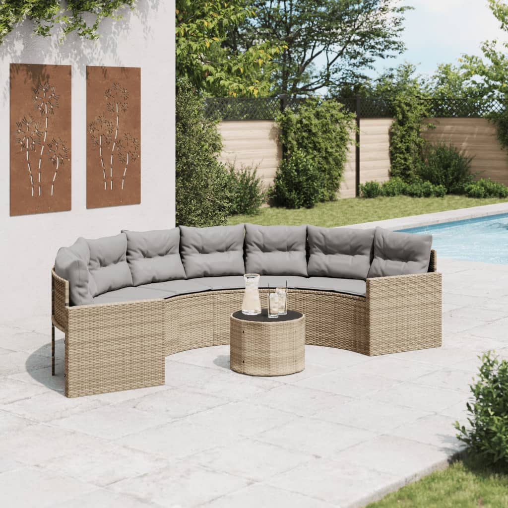 Vetonek Sofá de jardín semicircular con mesa y cojines ratán PE beige