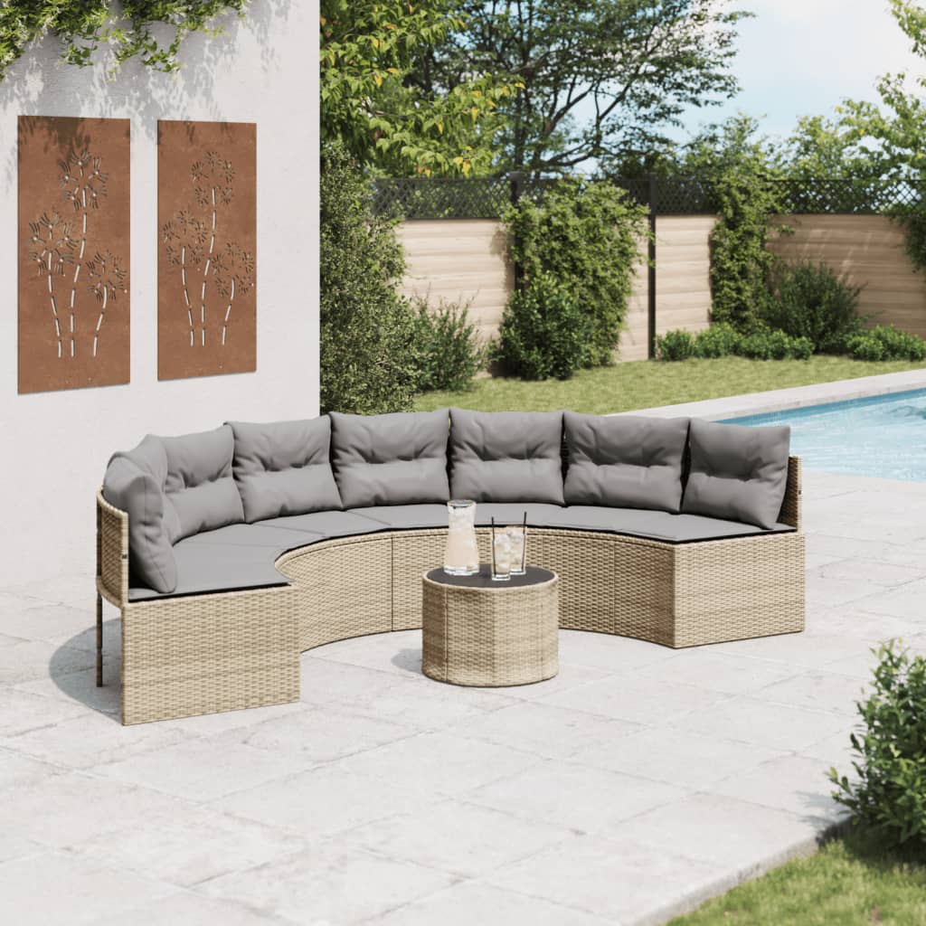 Vetonek Sofá de jardín semicircular con mesa y cojines ratán PE beige