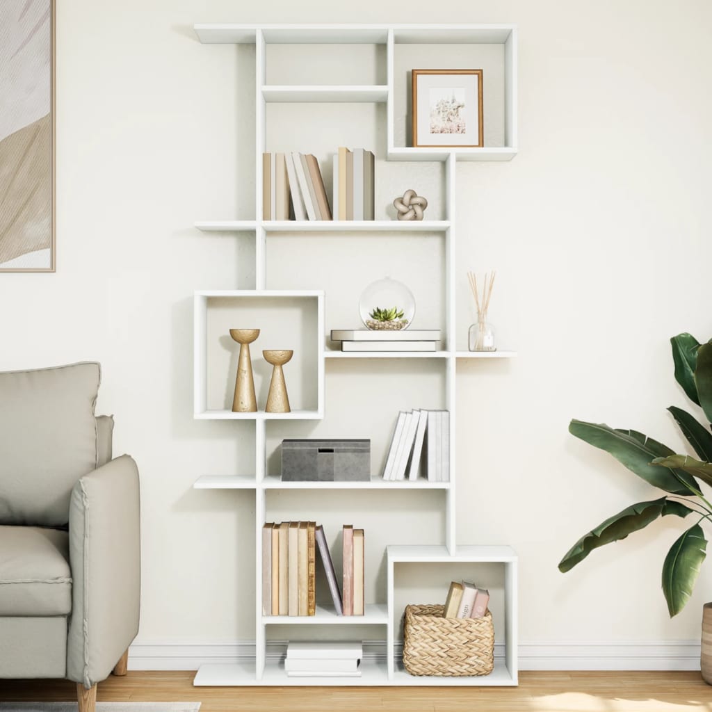 Estantería librería blanca de madera de ingeniería con 9 compartimentos, ideal para almacenamiento y decoración en interiores.