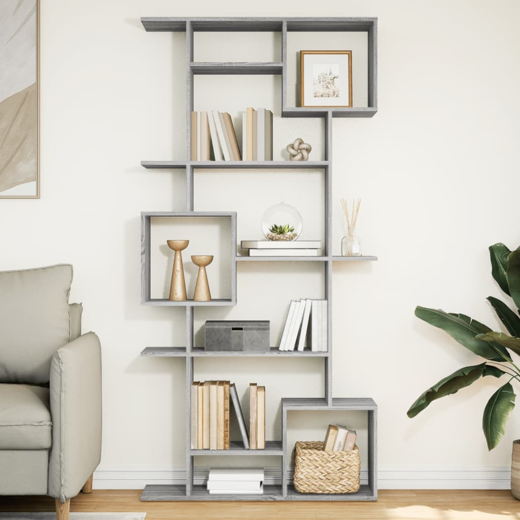 Estantería de madera de ingeniería gris Sonoma con 9 compartimentos, ideal para libros y decoración moderna.