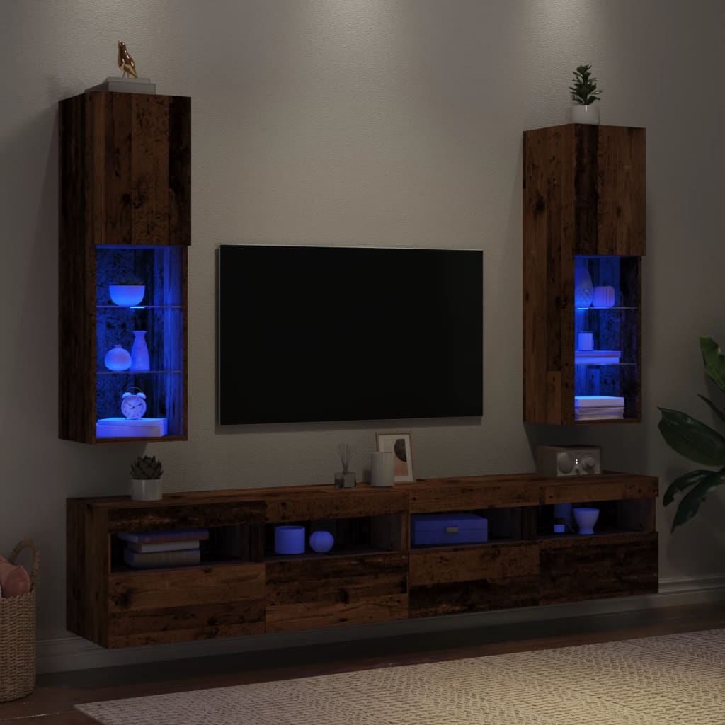 Vetonek Muebles TV con luces LED 2 uds madera envejecida 30,5x30x102 cm