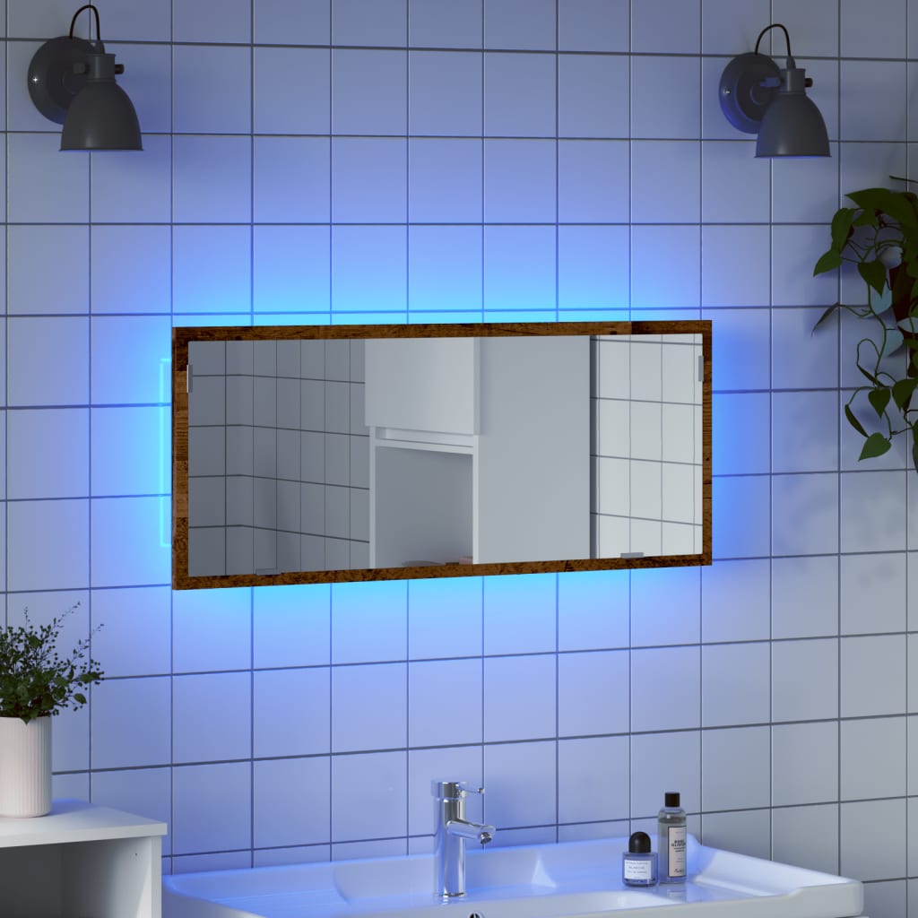 Vetonek Espejo de baño LED madera ingeniería envejecida 100x8,5x37 cm