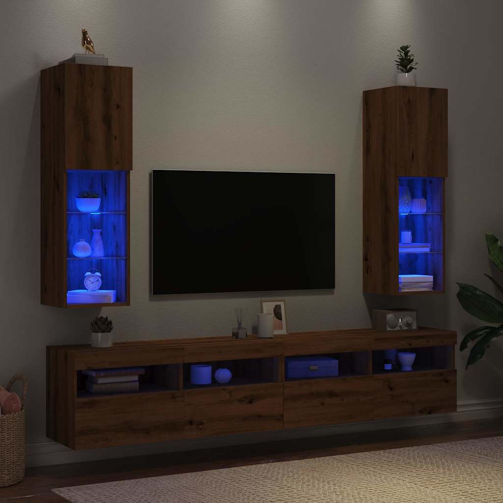 Vetonek Muebles TV con luces LED 2 uds roble artesanal 30,5x30x102 cm