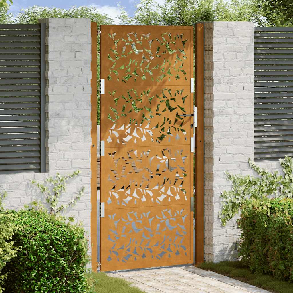 Vetonek Puerta de jardín diseño de hojas de acero desgastado 105x205 cm