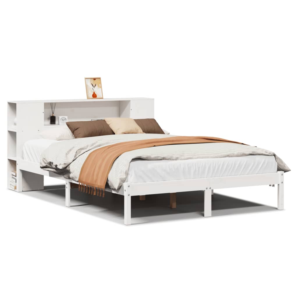 Vetonek Cama con estantería sin colchón madera maciza blanca 120x190 cm