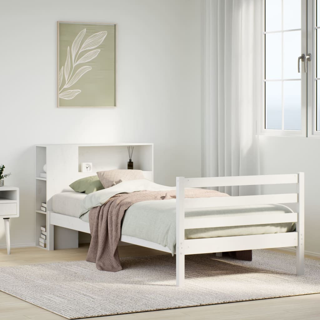 Cama con estantería sin colchón madera maciza blanco 90x200 cm v6631 Vetonek
