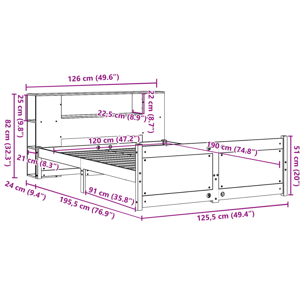 Cama con estantería sin colchón madera maciza de pino 120x190cm V2168 Vetonek