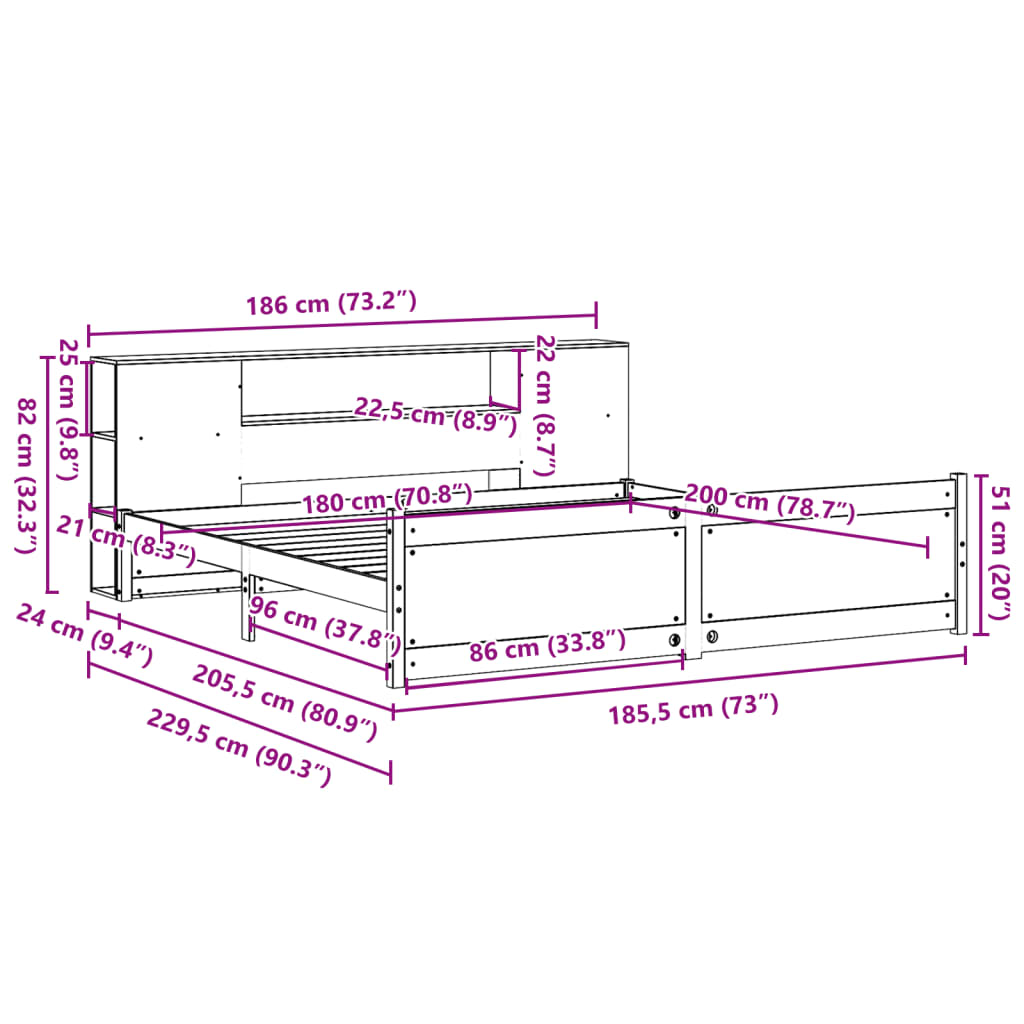 Cama con estantería sin colchón madera maciza de pino 180x200cm V2304 Vetonek