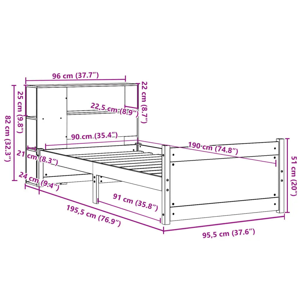 Cama con estantería sin colchón madera maciza de pino 90x190 cm V2366 Vetonek