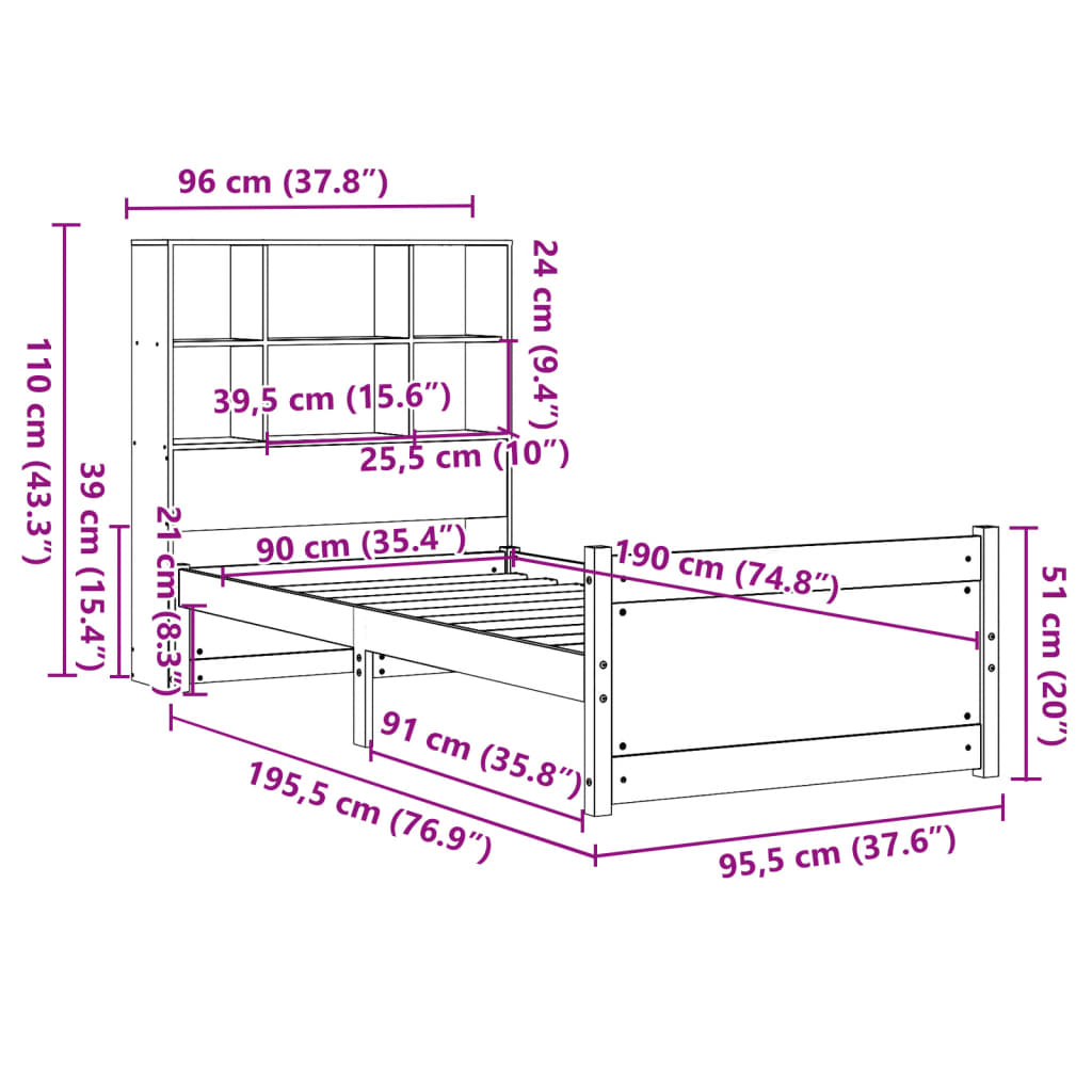 Cama con estantería sin colchón madera maciza de pino 90x190 cm V2441 Vetonek