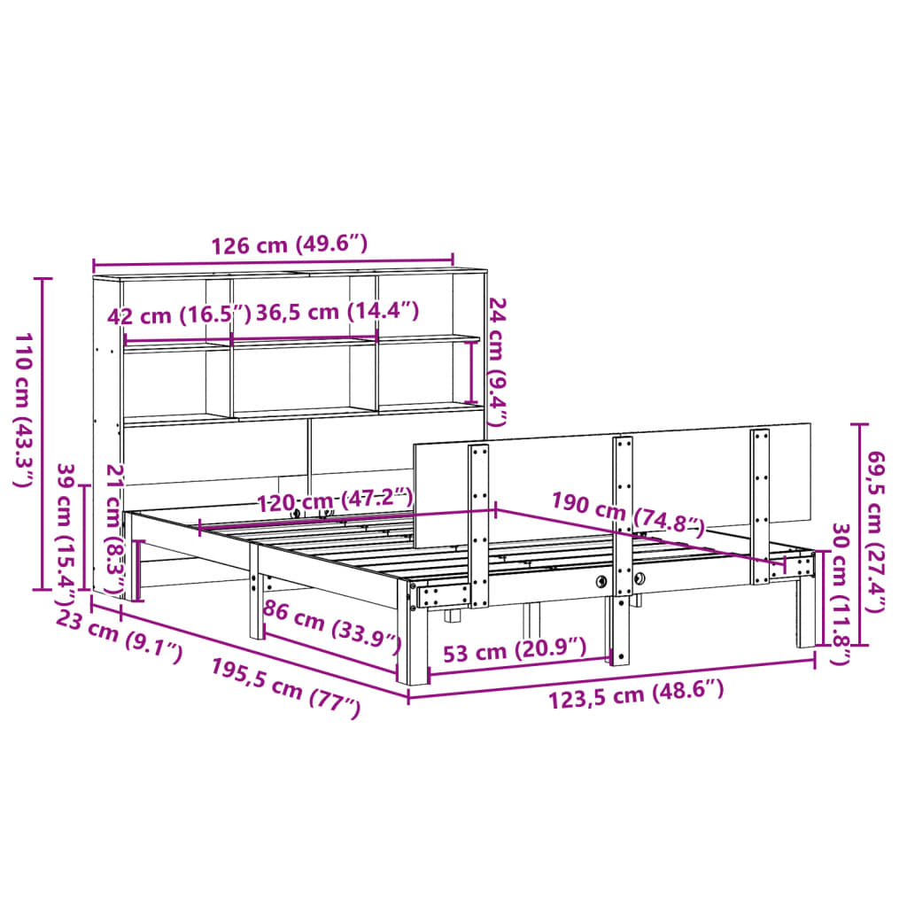 Cama con estantería sin colchón madera maciza blanca 120x190 cm V4421 Vetonek
