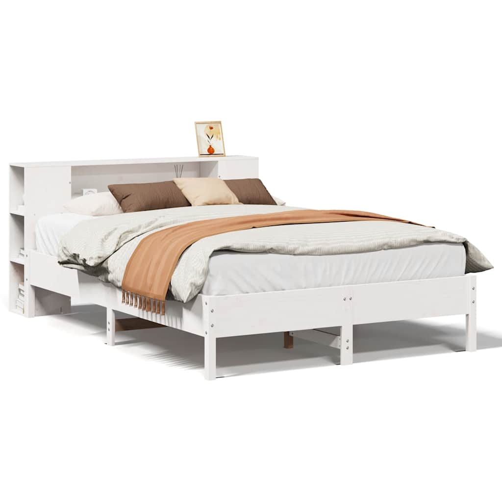 Vetonek Cama con estantería sin colchón madera maciza blanca 120x190 cm