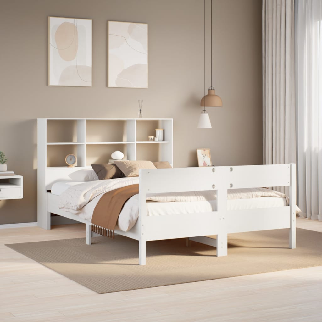 Cama con estantería sin colchón madera maciza blanca 150x200 cm v7729 Vetonek