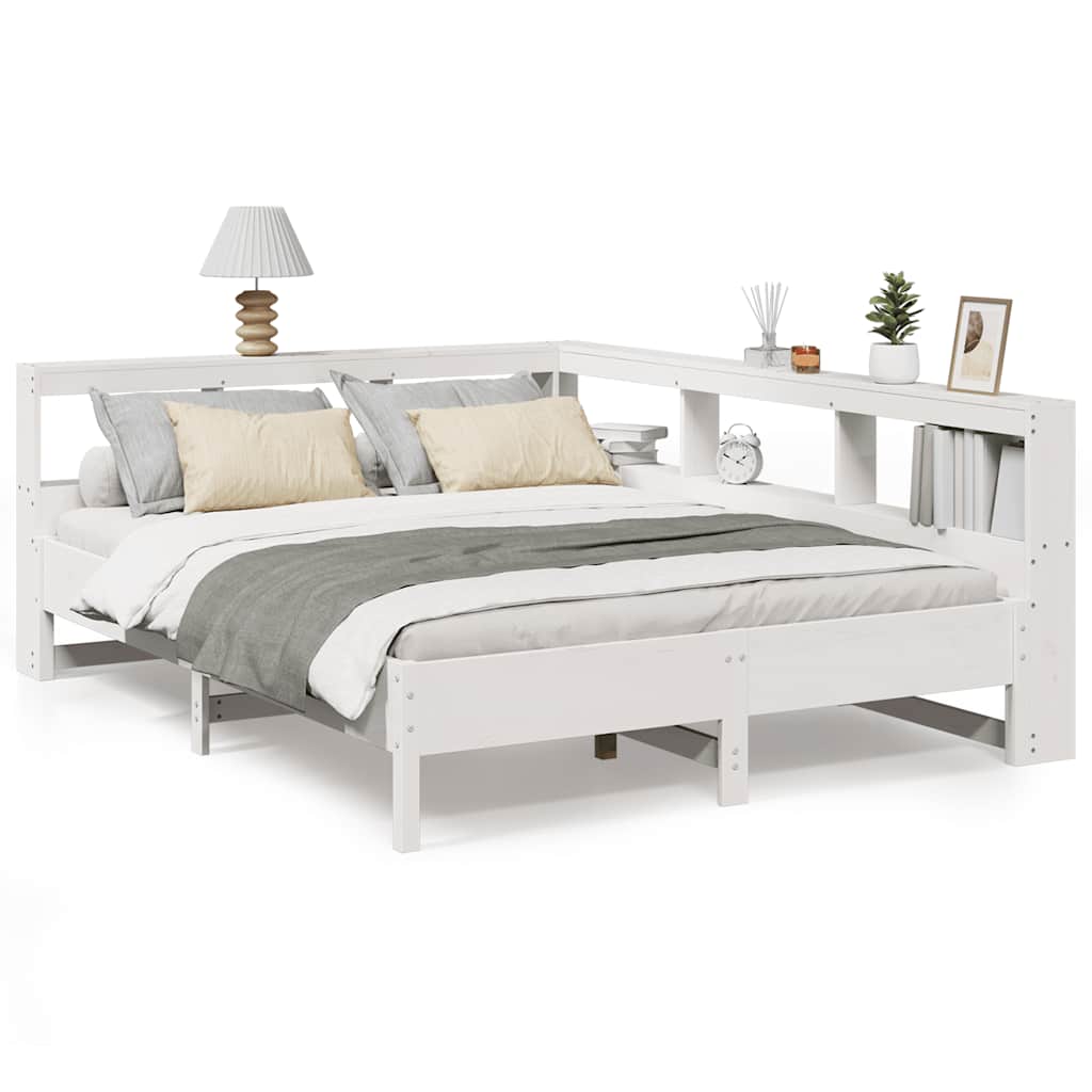 Vetonek Cama con estantería sin colchón madera maciza blanca 150x200 cm