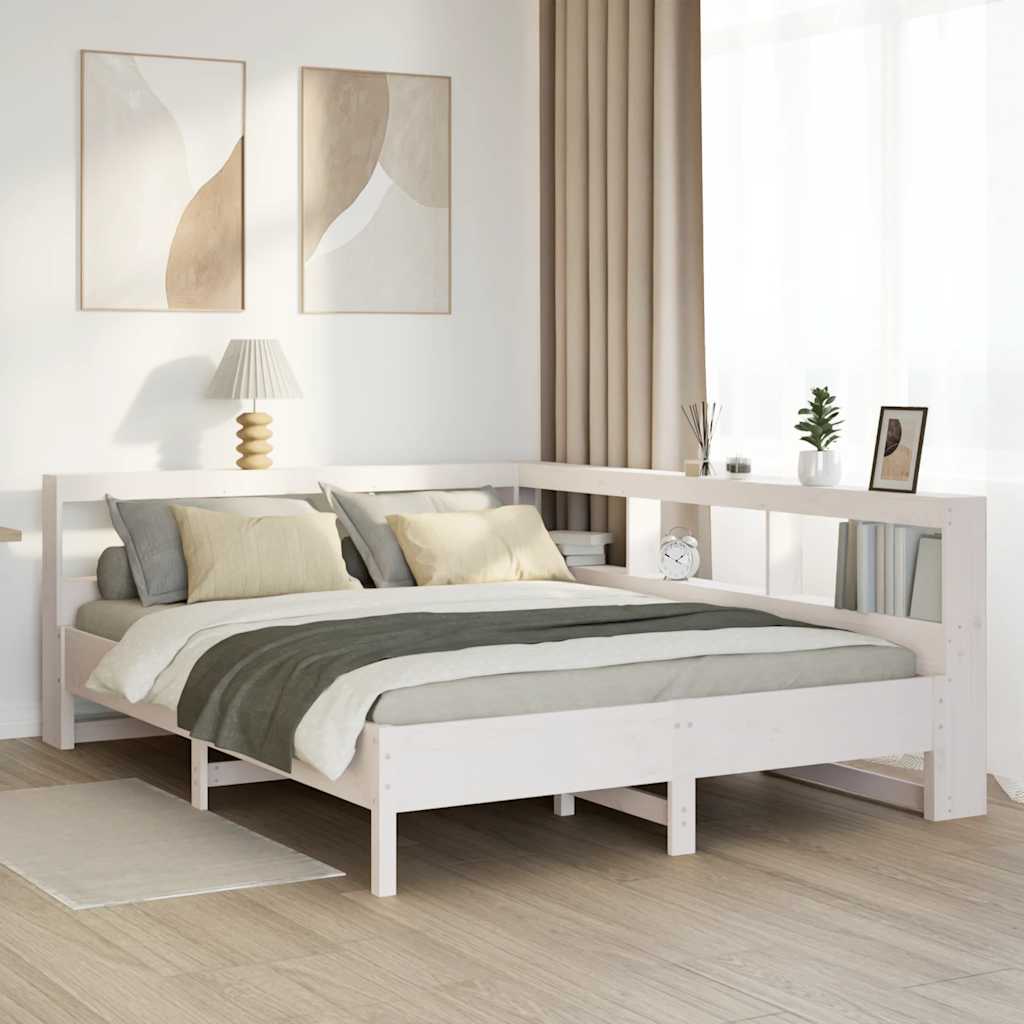 Cama con estantería sin colchón madera maciza blanca 150x200 cm v6842 Vetonek