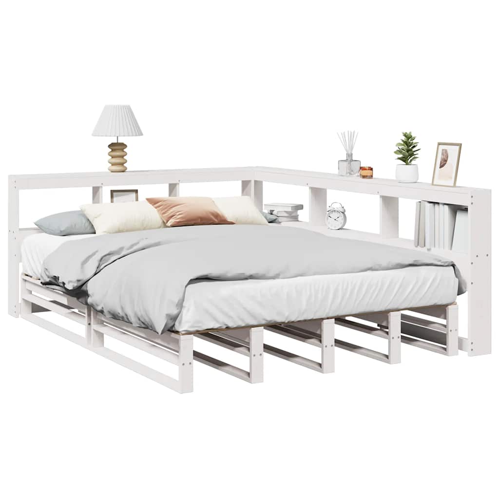 Cama con estantería sin colchón madera maciza blanca 150x200 cm v7627 Vetonek