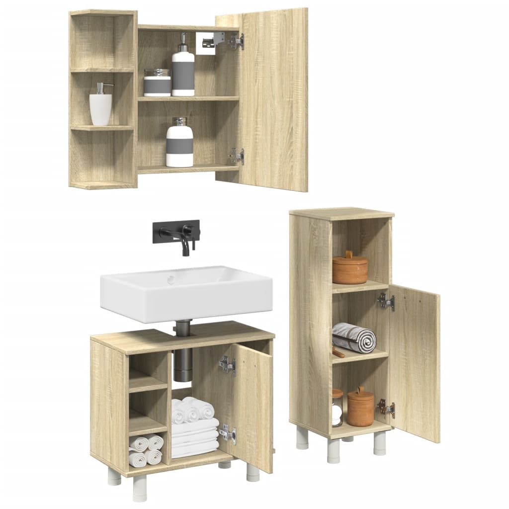 Vetonek Set de muebles de baño 3 pzas madera contrachapada roble Sonoma