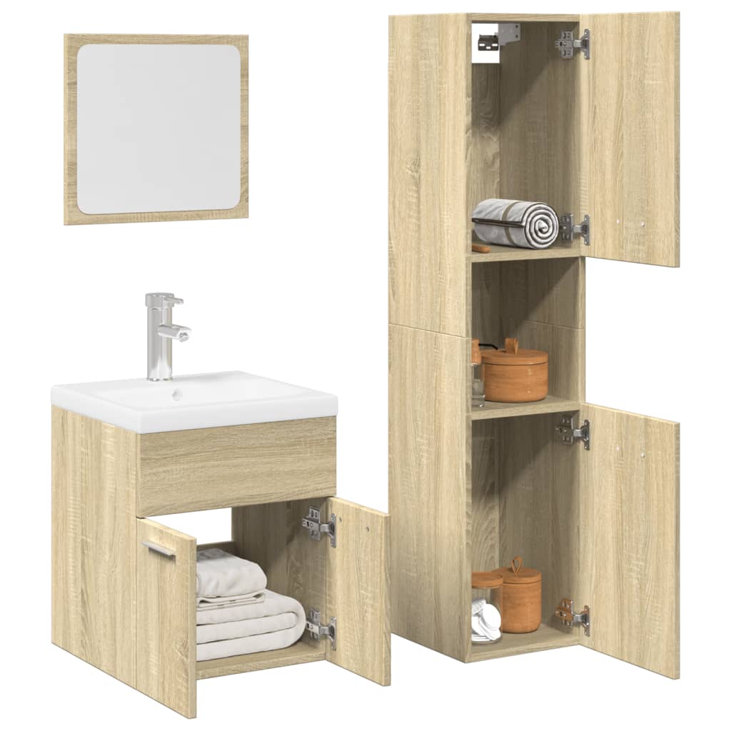 Vetonek Set de muebles de baño 3 pzas madera contrachapada roble Sonoma