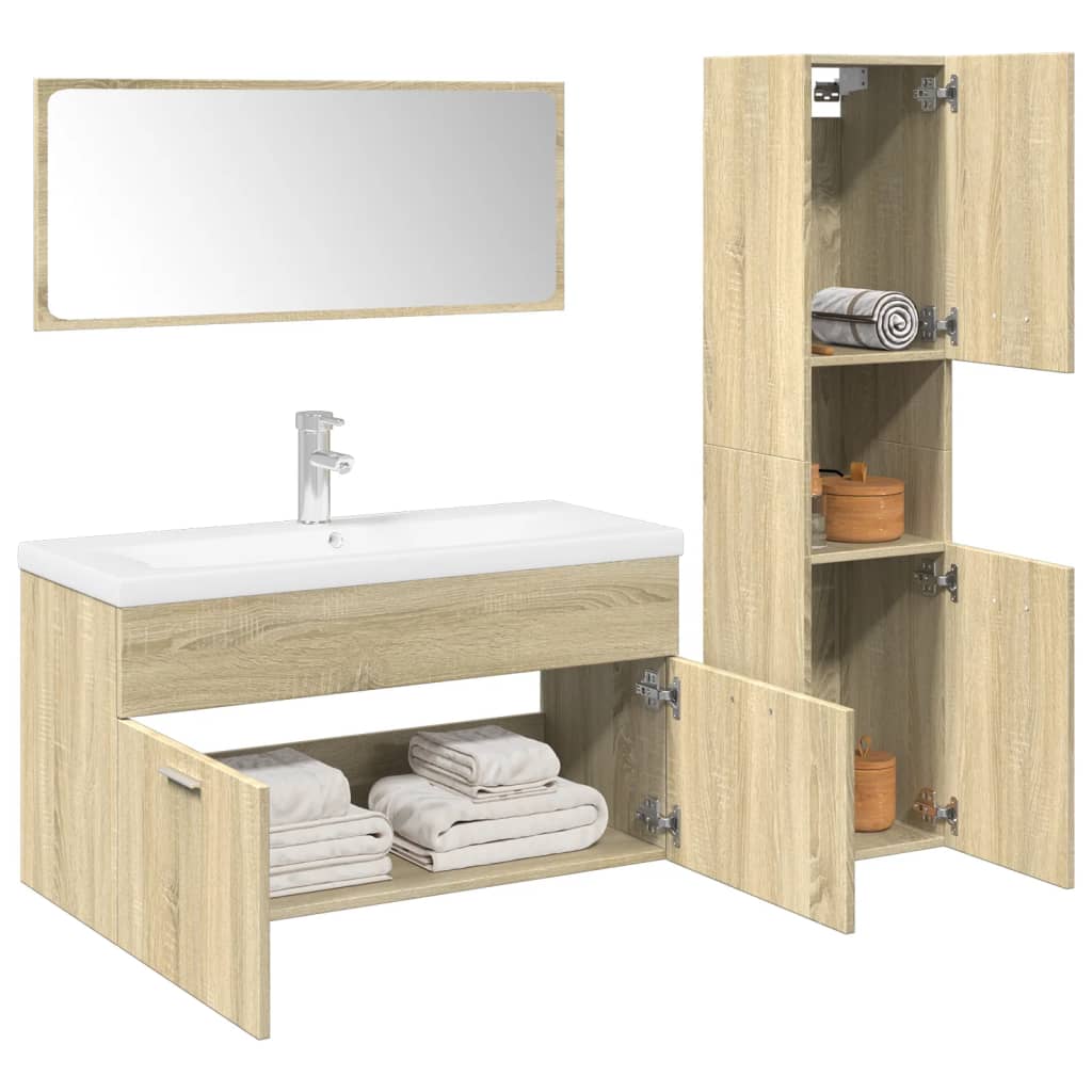 Vetonek Set de muebles de baño 3 pzas madera contrachapada roble Sonoma