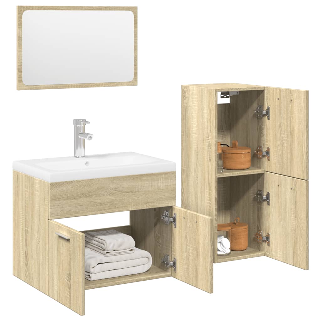 Vetonek Set de muebles de baño 3 pzas madera contrachapada roble Sonoma