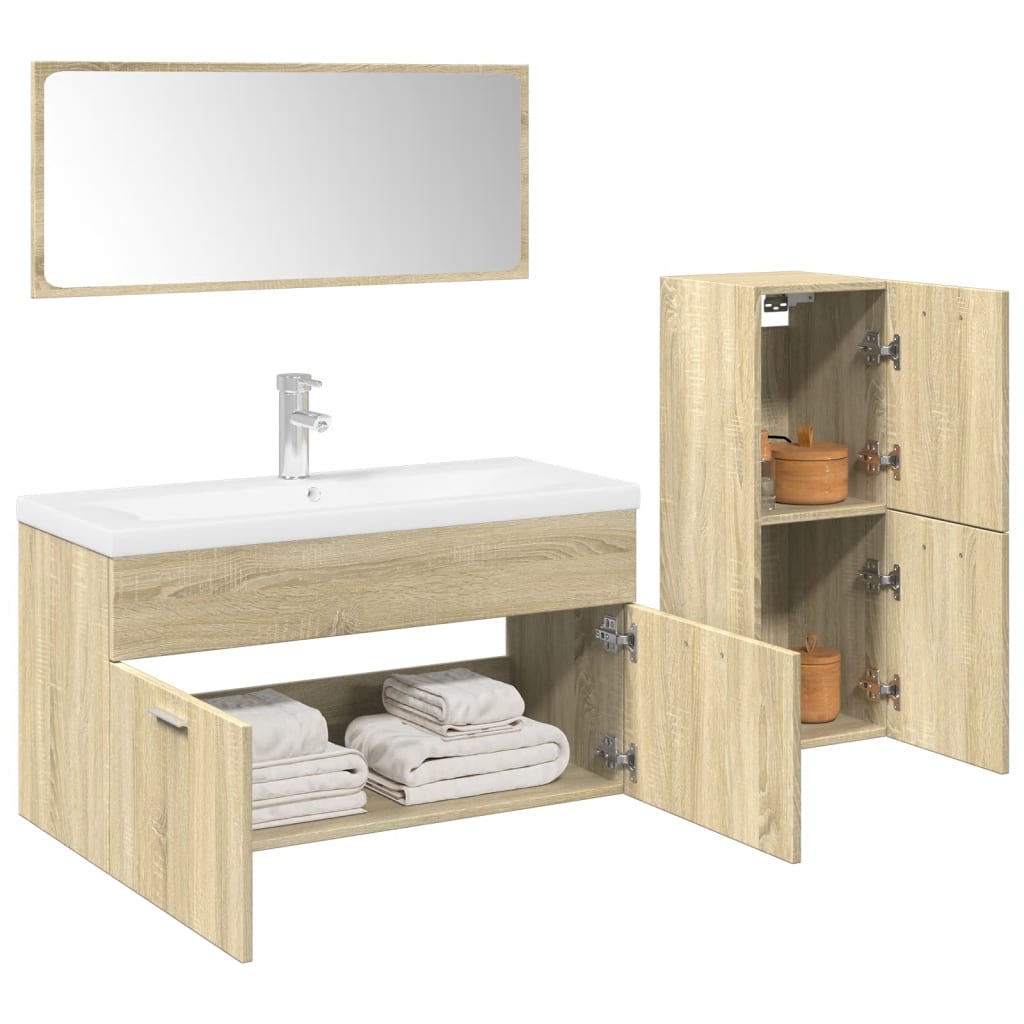 Vetonek Set de muebles de baño 3 pzas madera contrachapada roble Sonoma