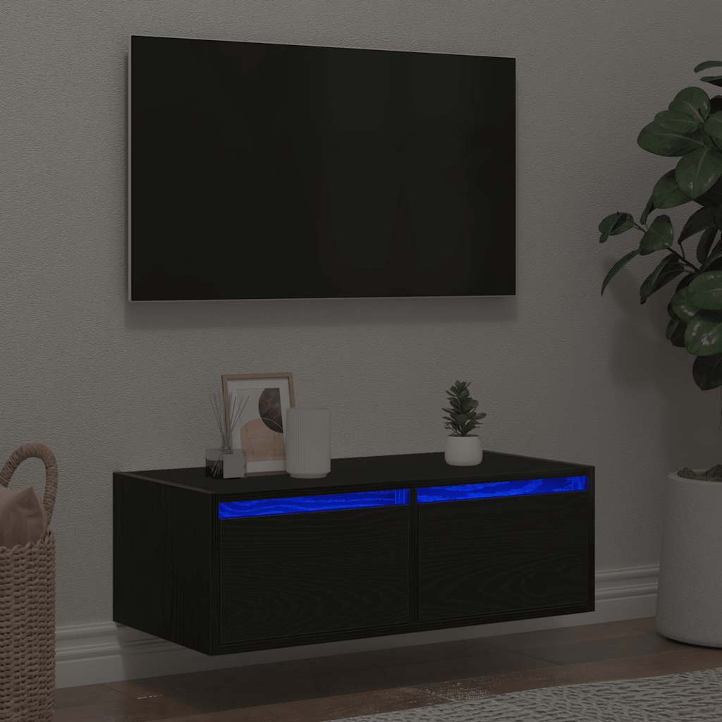 Vetonek Mueble de TV con luces LED roble negro 75x35,5x25 cm