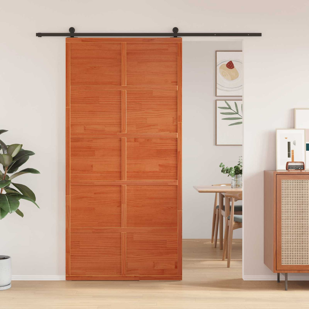 Puerta Corrediza Marrón cera 100 x 208 cm Madera de Pino Maciza