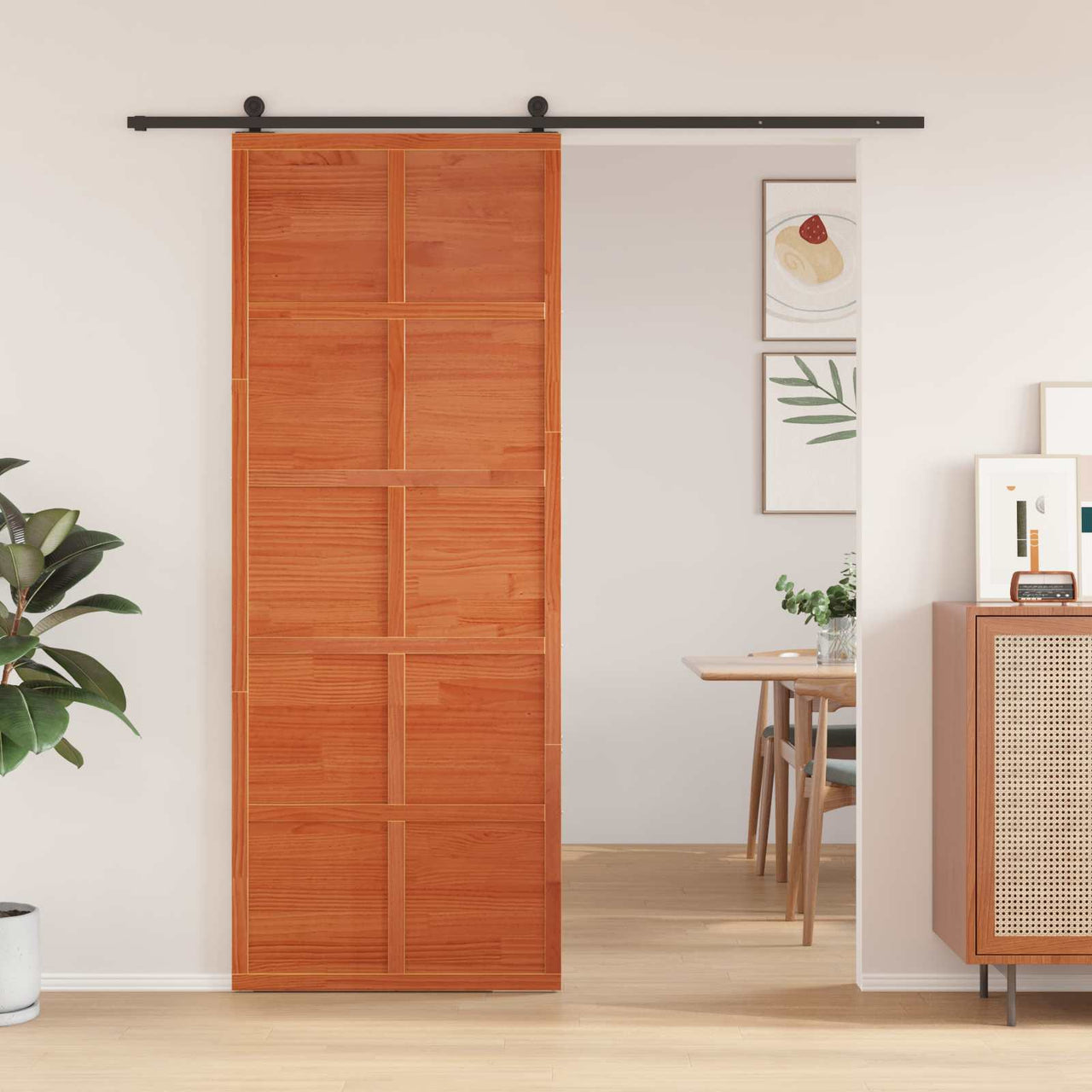 Puerta Corrediza Marrón Cera 80 x 208 cm Madera de Pino Maciza