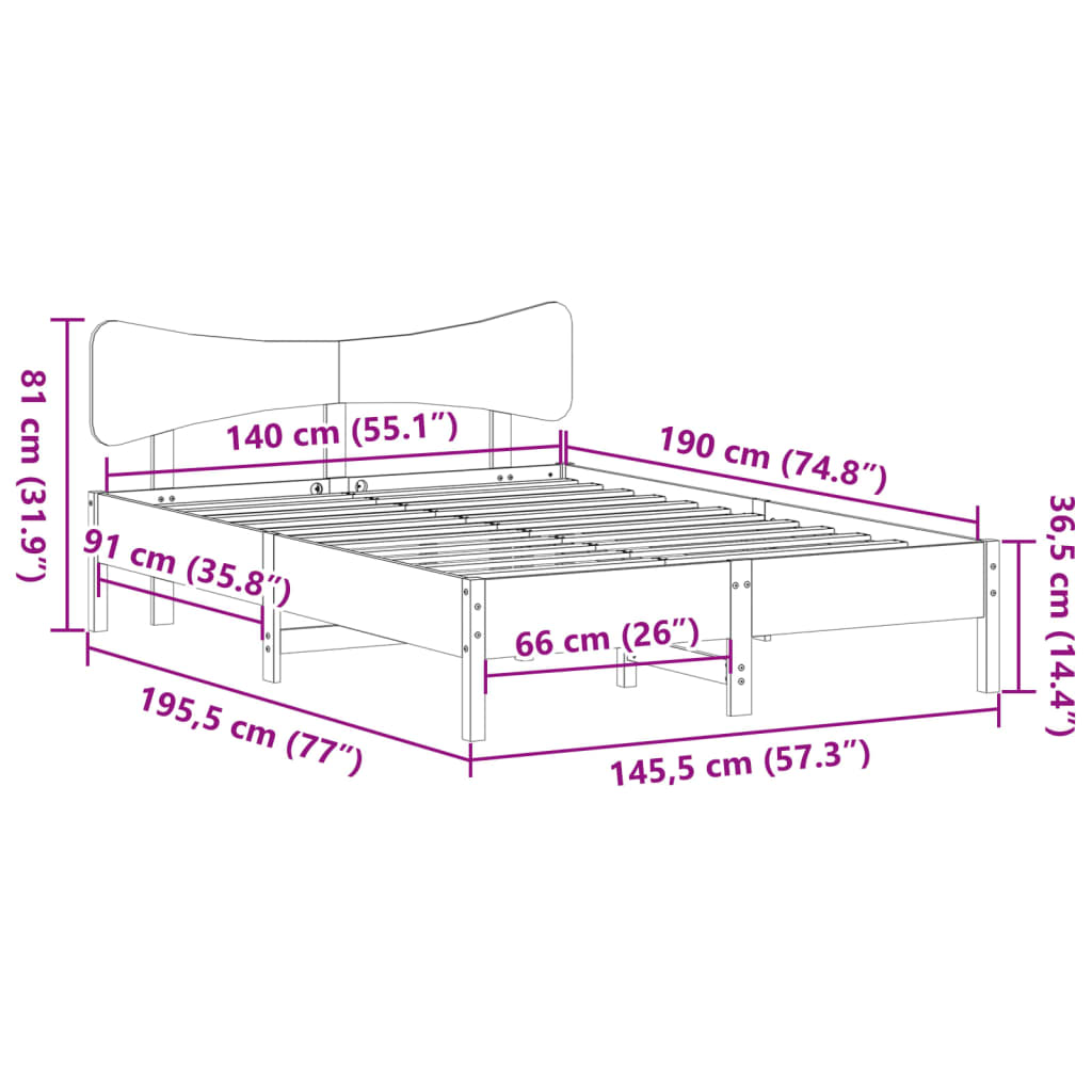 Estructura de cama sin colchón madera maciza de pino 140x190 cm V8545 Vetonek