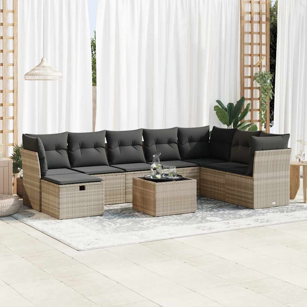 Vetonek Set muebles jardín 9 pzas y cojines ratán sintético gris claro