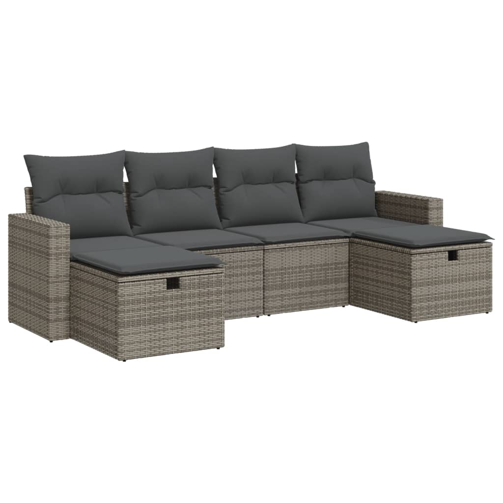 Set de muebles de jardín 6 pzas y cojines ratán sintético gris - Vetonek